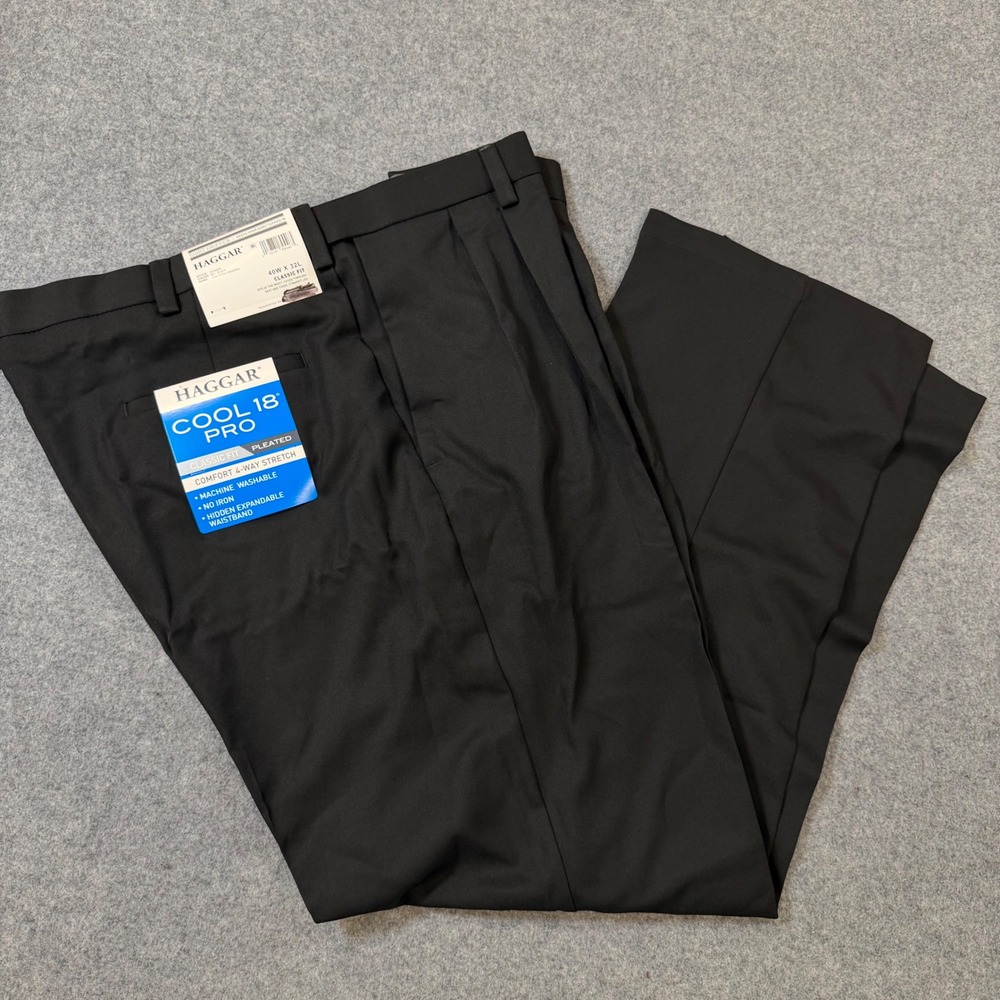 Haggar Cool 18 Pro Black Pleated Classic Fit Dress Pants 40x32 HC00248